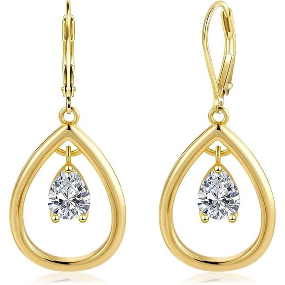 Jewelry - 925 Silver 14K Gold CZ Teardrop Dangle Earrings, Bridal & Prom Gift Dangly Proms